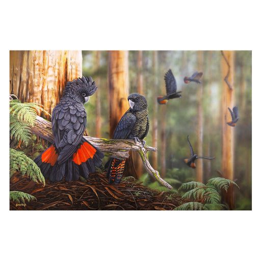 Two birds in a forest setting with one perched on a branch and the other flying.