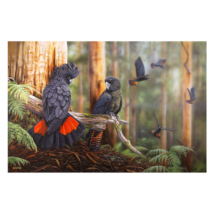 Two birds in a forest setting with one perched on a branch and the other flying.