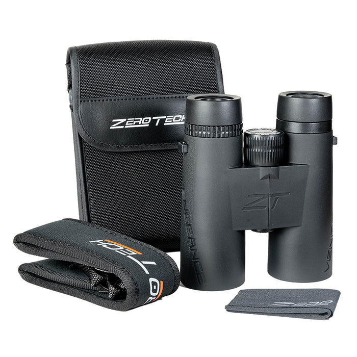 ZeroTech binoculars with carrying case and cleaning cloth on a white background