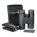 Zero Tech binoculars with carrying case and cleaning cloth on a white background