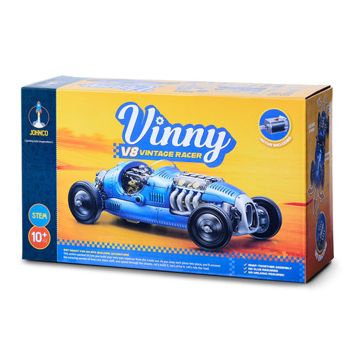 Box of Vinny V8 Vintage Racer toy car model with blue car illustration on yellow background