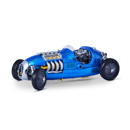 Blue toy car model on a white background