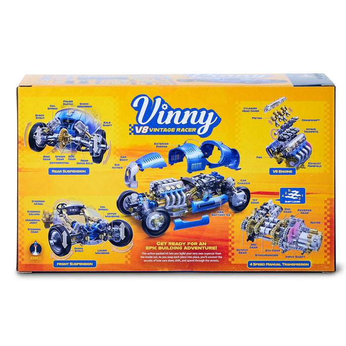 Vinny V8 Vintage Racer toy set packaging with detailed illustrations on a yellow background