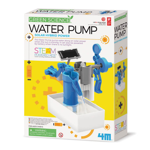 Box of Green Science Water Pump with solar hybrid power feature on a white background