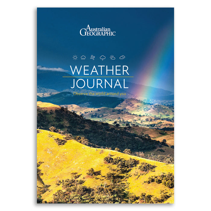 Australian Geographic Weather Journal cover with a rainbow over a landscape