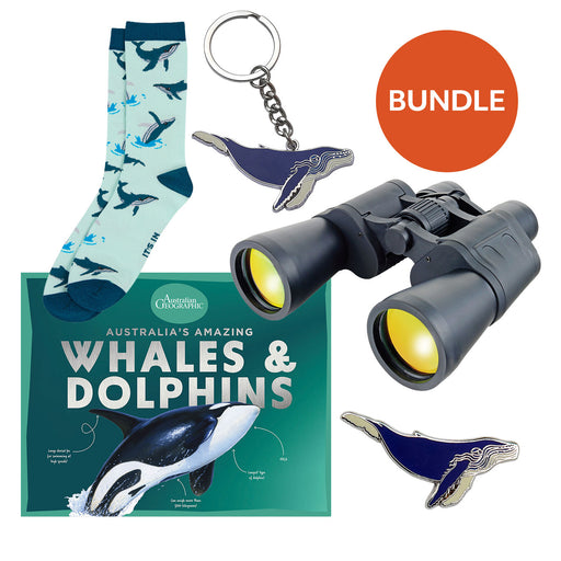 Collection of whale-themed items including socks, binoculars, and keychains on a white background.