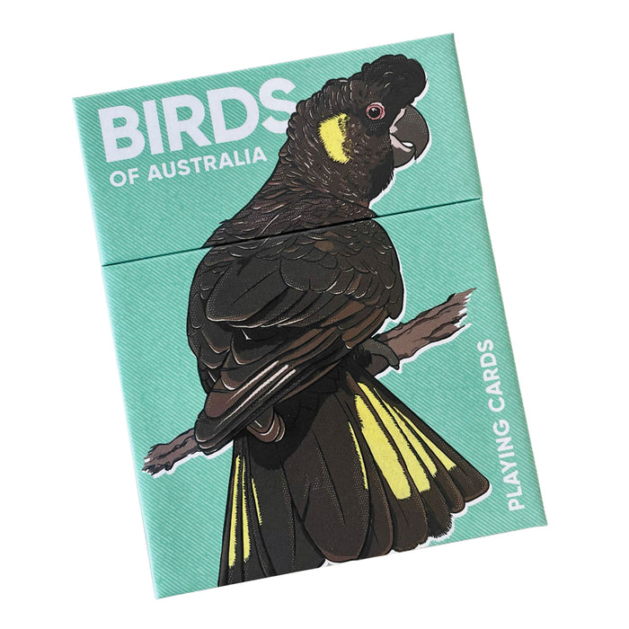 A deck of playing cards titled 'BIRDS OF AUSTRALIA' featuring an illustration of a black cockatoo with a yellow cheek patch and yellow tail feathers on a turquoise card background.