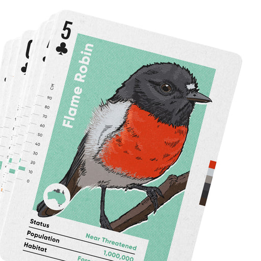 A close-up of a playing card featuring an illustrated Flame Robin bird on a mint green background, with card details including the rank 5, club symbol, and status information visible.