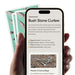 A hand holds a smartphone showing a fact file page on the Bush Stone Curlew, with two matching patterned cards fanned behind it on a white background.