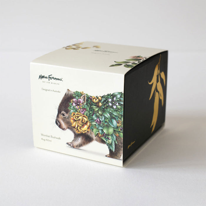 Box with a design of a wombat wearing a floral wreath on a white background