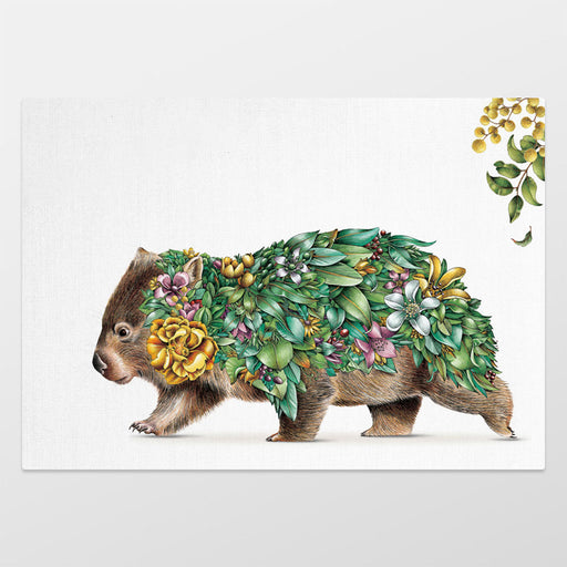 Illustration of a wombat covered in flowers and foliage on a white background
