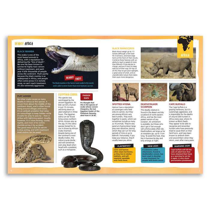 Educational book page about African animals with images and text.
