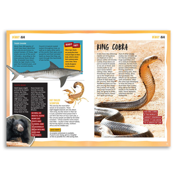 Page from a book or magazine featuring information about a tiger shark, scorpion, and king cobra.