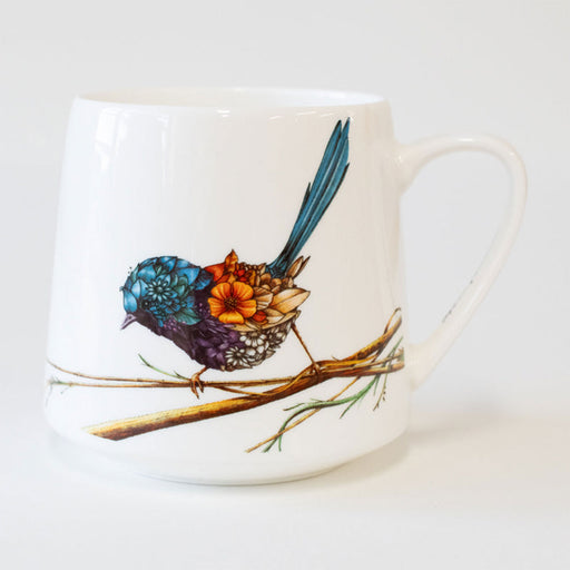 Mug with a colorful bird design on a white background