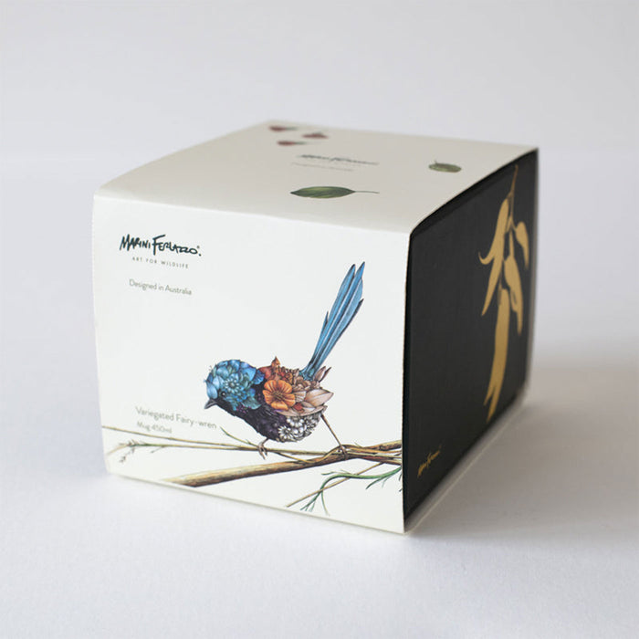 Decorative box with a bird illustration and brand name on a white background