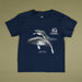 A navy blue short-sleeve t-shirt with a graphic print of two humpback whales and the text '40th Australian Geographic' and 'Humboldt Whale National Marine Sanctuary' on the front, laid flat on a solid olive green background.