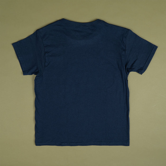 A plain navy blue short-sleeve t-shirt laid flat against a solid olive green background.